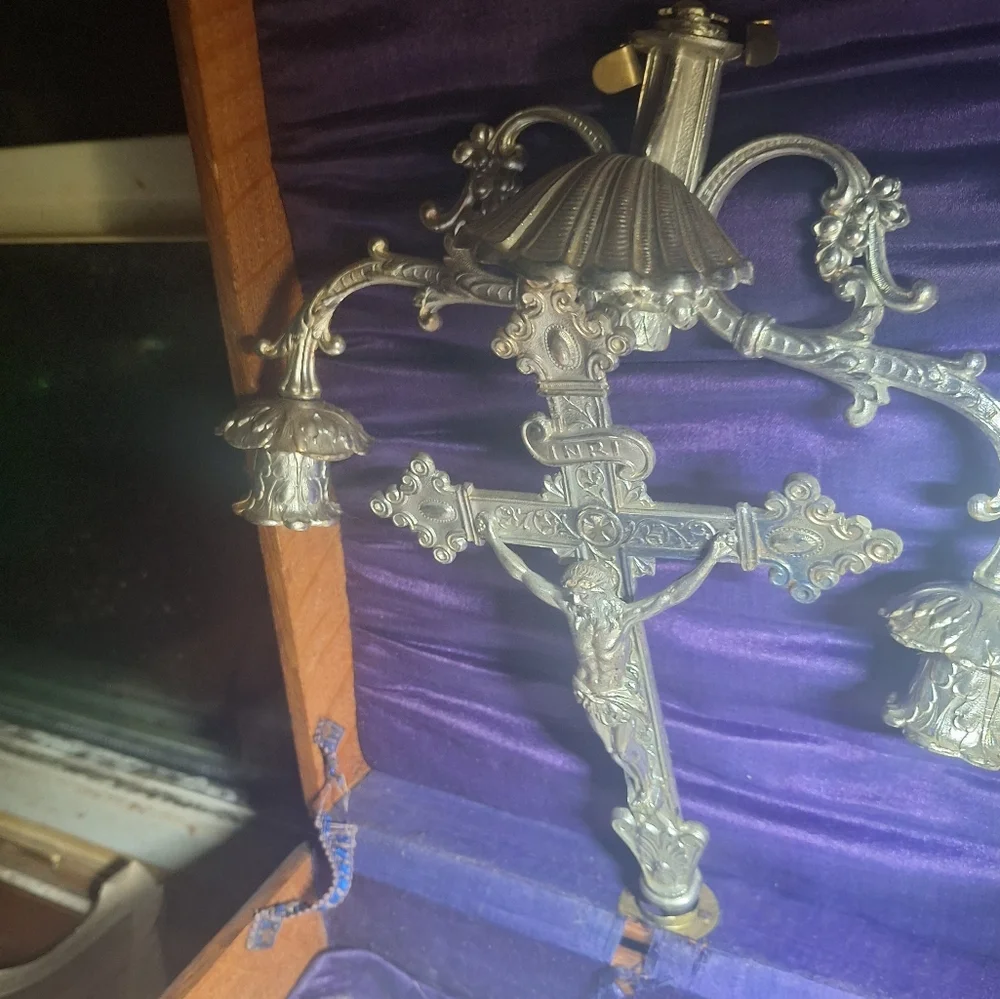 Cross with candles holders old